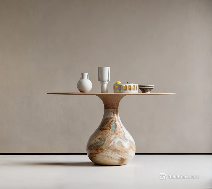 Minimalist Dining Table With White Vase Cup Lemon Bowl Small Box And Marble Texture Base 3d model 