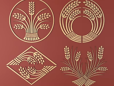 Golden Wheat Ear Carving Art With Geometric Patterns On Red Background 3d model