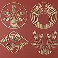 Golden Wheat Ear Carving Art With Geometric Patterns On Red Background 3d model