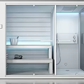 Modern Shower Sauna Interior Design With Wooden Panels Shelves And Control Panel