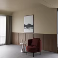 Stylish Red Lounge Chair In Modern Room With Wooden Panel Walls And Green Outdoor View