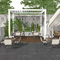 Outdoor Bar Featuring Green Plants Pergola Wooden Deck Tables Chairs And String Lights