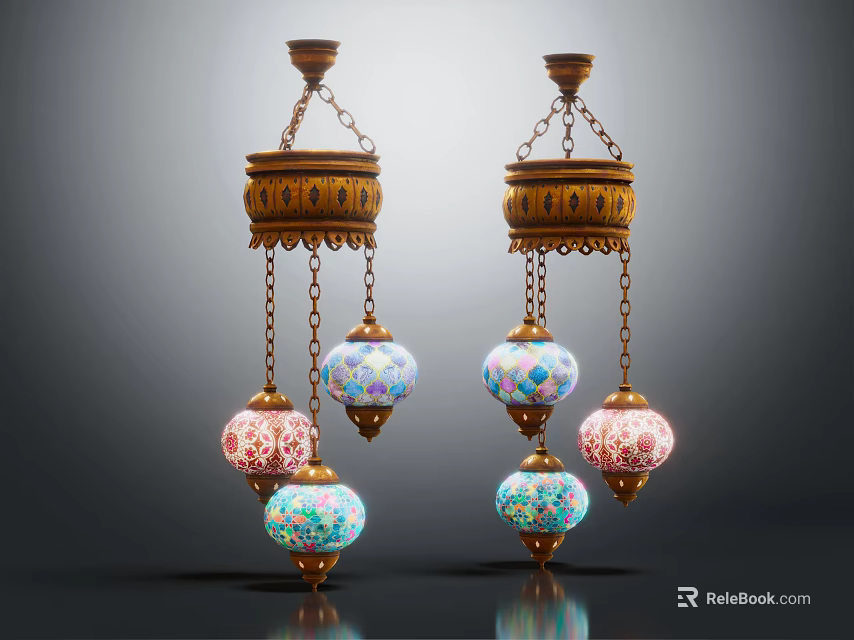 Vintage Chandeliers With Colorful Glass Shades And Golden Metal Frames 3d model 