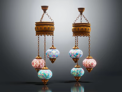 Vintage Chandeliers With Colorful Glass Shades And Golden Metal Frames 3d model
