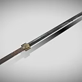 Ancient Long Dark Metallic Sword Featuring Intricate Decorative Hilt And Sharp Blade Design