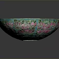 Intricate Carved Bowl Sculpture With Turquoise Pink Floral Patterns And Artistic Design