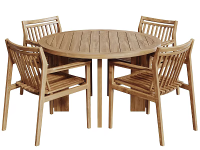 Round Wooden Outdoor Table with Four Chairs Simple Design Natural Wood Finish 3d model