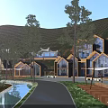 Scenic Wooden Guesthouse Buildings In Forest With Slide Stream And Road