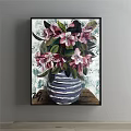 Vibrant Botanical Painting with White Purple Red Flowers Green Leaves and Vase