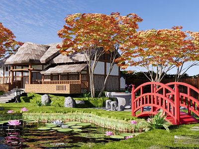 New Chinese Courtyard Garden Zen Courtyard Landscape Dry Landscape Courtyard Stone Landscape Stone Landscape Lights Red Maple Wooden Bridge 3d model