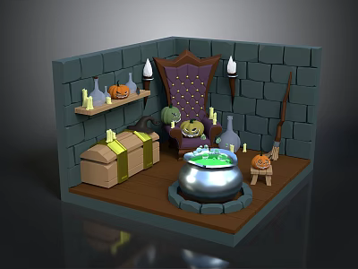 Enchanting Wizard Chamber With Stone Cauldron Purple Throne Brick Walls Bottles Pumpkins Chest And Broom 3d model