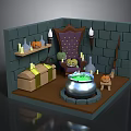 Enchanting Wizard Chamber With Stone Cauldron Purple Throne Brick Walls Bottles Pumpkins Chest And Broom