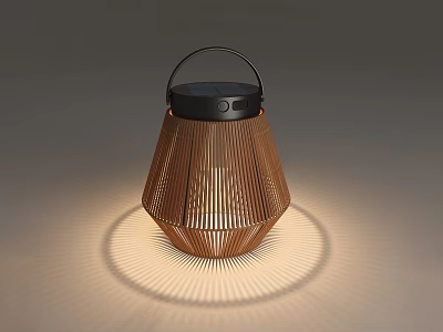 Stylish Table Lamp With Black Top Handle And Brown Bamboo Woven Texture Emitting Radial Shadows 3d model