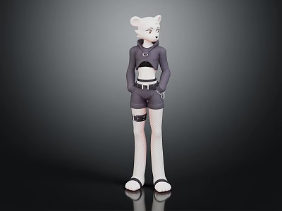 Anthropomorphic Bear Character 3D Model With White Fur Gray Outfit Shorts Long Socks And Sandals 3d model