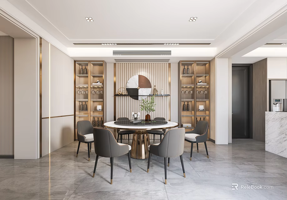 Elegant Modern Restaurant Interior Featuring Round Dining Table Chairs Bookshelves And Wall Art 3d model