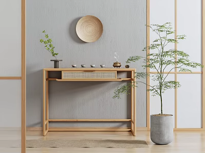 Wooden Console Table With Circular Decor Tea Set And Potted Plant By Gray Wall 3d model
