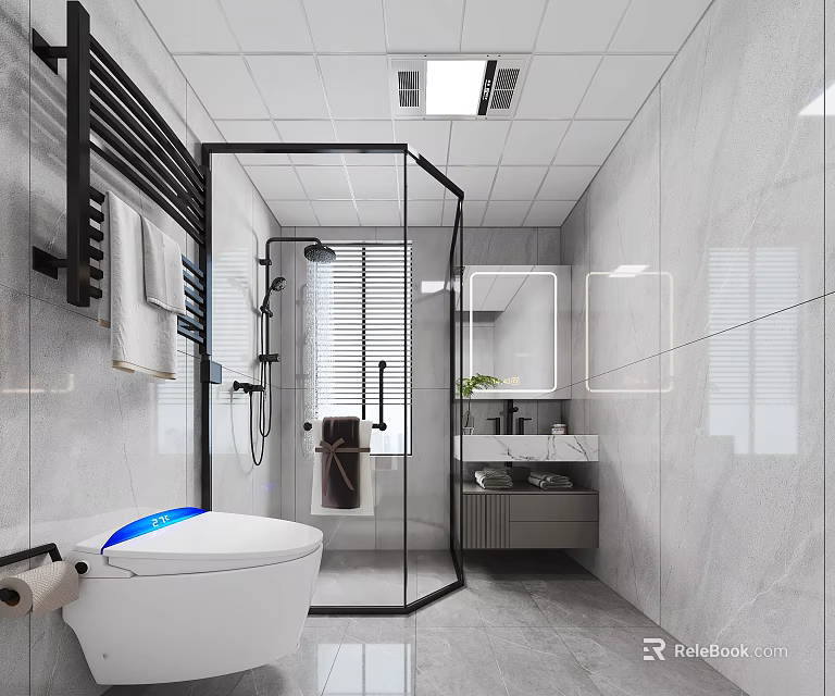 Modern Bathroom Interior With Smart Toilet Glass Shower And Vanity 3d model