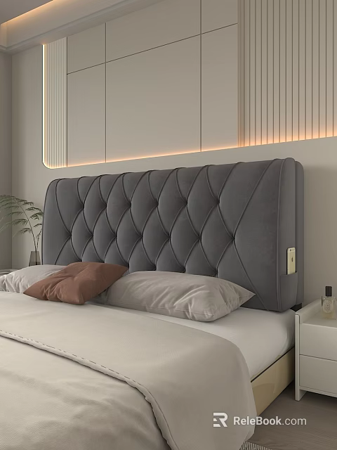 Modern Minimalist Bedroom Interior With Grey Tufted Headboard Soft Pillows And Neutral Bedding 3d model 