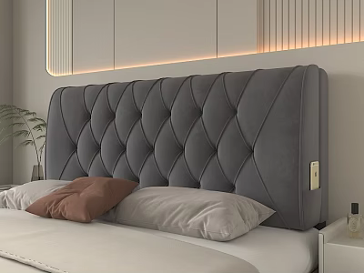 Modern Minimalist Bedroom Interior With Grey Tufted Headboard Soft Pillows And Neutral Bedding 3d model