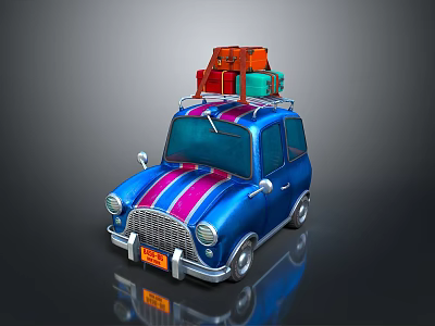 Cartoon Blue Car with Pink Purple Stripes Carrying Orange Red Green Suitcases on Roof 3d model