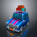 Cartoon Blue Car with Pink Purple Stripes Carrying Orange Red Green Suitcases on Roof