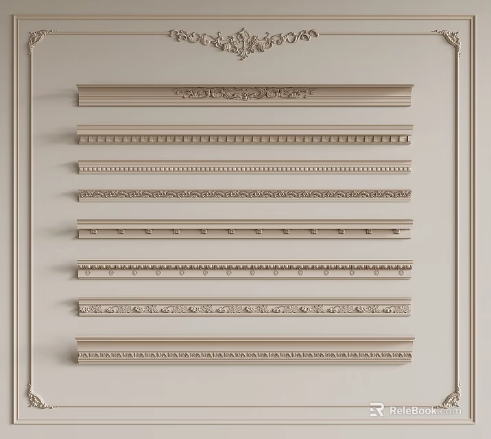 Elegant White Gypsum Crown Molding With Different Ornate Patterns For Home Interior 3d model 