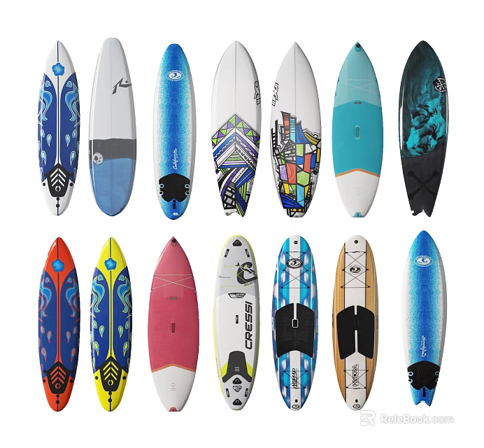 Stylish Surfboards As Sports Equipment With Multiple Designs And Colorful Patterns 3d model 