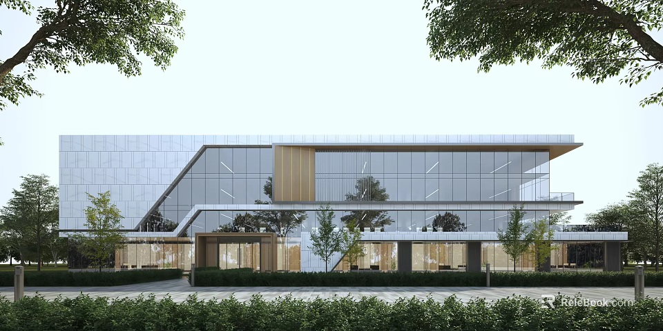Modern Office Building with Glass Curtain Wall Geometric Design Wooden Elements and Greenery 3d model 