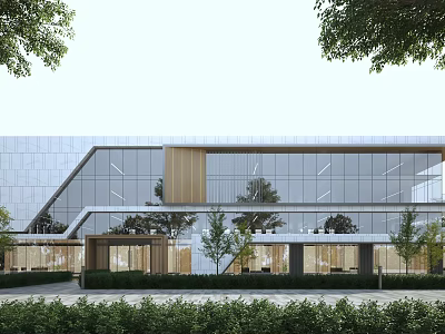 Modern Office Building with Glass Curtain Wall Geometric Design Wooden Elements and Greenery 3d model