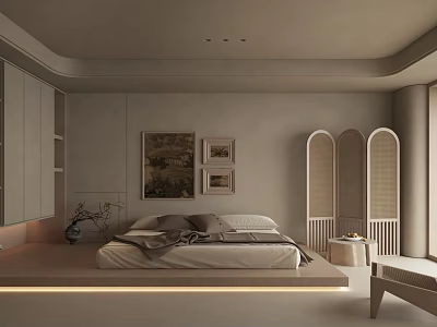Modern Minimalist Bedroom With Platform Bed Built in Wardrobe Arched Divider Neutral Tones Natural Light 3d model