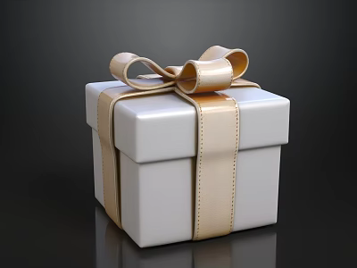 Elegant White Gift Box With Gold Ribbon And Bow On Dark Background 3d model