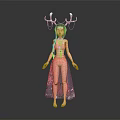 Fantasy Female Character With Deer Antlers White Top And Teal Decorative Skirt Standing Barefoot In Dark Background