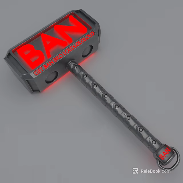 Durable Hardware Hammer With Red BAN Lettering Illuminated Head And Black Metal Rivet Handle 3d model 