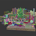 Modern Ancient Ruins Courtyard With Buddha Statue Stone Structures And Green Plants