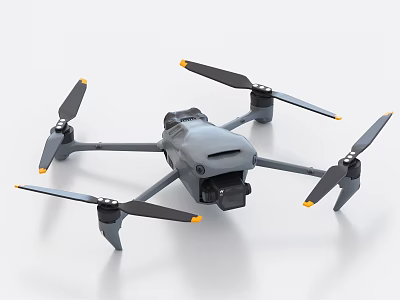 Gray Body Quadcopter Drone With Black Propellers Yellow Tips And Camera 3d model