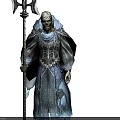 Game Movie Character In Blue Gray Robe With Flowing Edges Holding Upright Spear