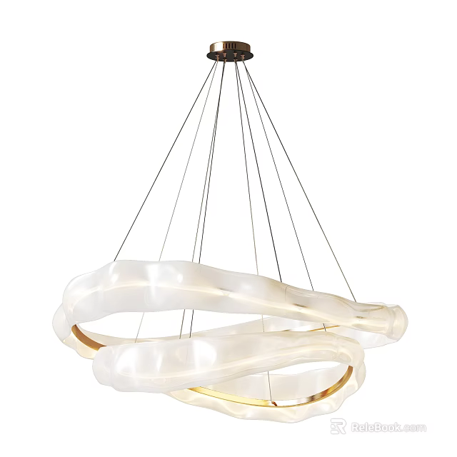 Modern White Curved Chandelier Design With Golden Rings And Soft Lighting 3d model 