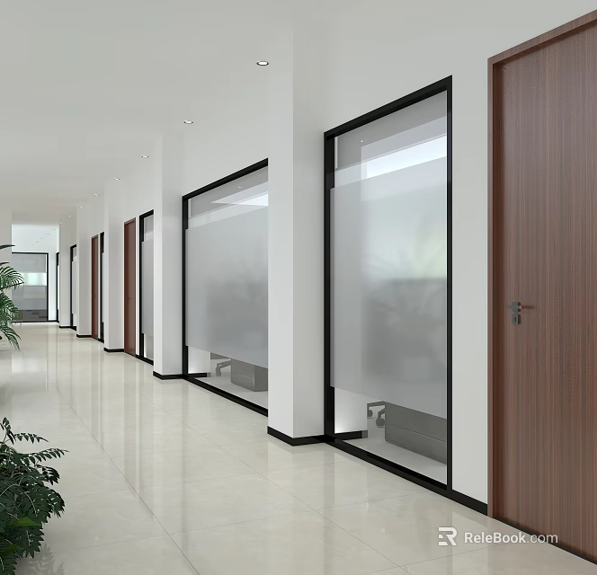 Modern Hotel Lobby with Wooden Doors Frosted Glass and Marble Floors plus Green Plants 3d model 