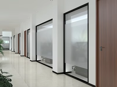 Modern Hotel Lobby with Wooden Doors Frosted Glass and Marble Floors plus Green Plants 3d model