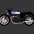 Triumph Vintage Motorcycle In Blue And White With Black Seat Round Headlight And Red Brake Caliper