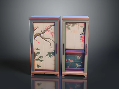 Traditional Chinese Cabinets with Floral Branch Bamboo Leaf Paintings and Calligraphy Characters 3d model
