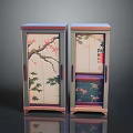 Traditional Chinese Cabinets with Floral Branch Bamboo Leaf Paintings and Calligraphy Characters