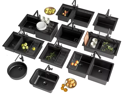 Multiple Black Kitchen Sinks with Faucets Fruits Vegetables Dishes and Drain Racks 3d model