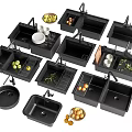 Multiple Black Kitchen Sinks with Faucets Fruits Vegetables Dishes and Drain Racks
