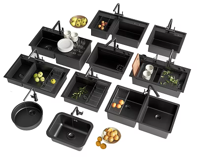 Multiple Black Kitchen Sinks with Faucets Fruits Vegetables Dishes and Drain Racks 3d model