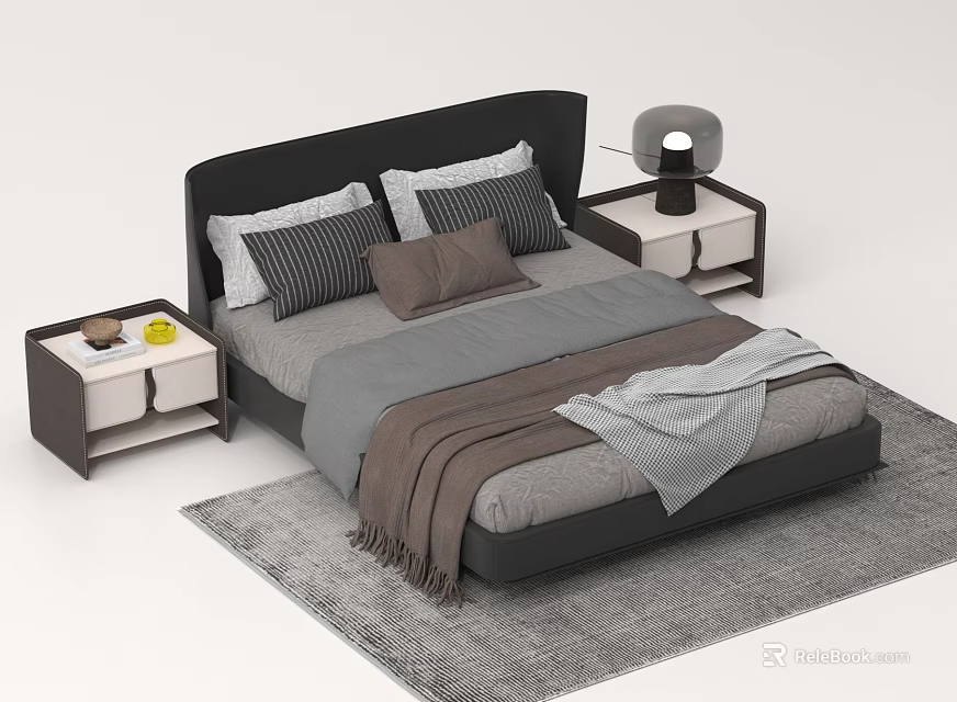 Modern Double Bed With Black Headboard Gray Bedding Brown Throw And Nightstands 3d model