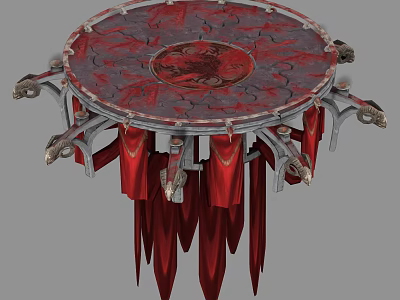 Ornate Circular Decorative Object With Red Fabric Tassels And Metal Accents 3d model