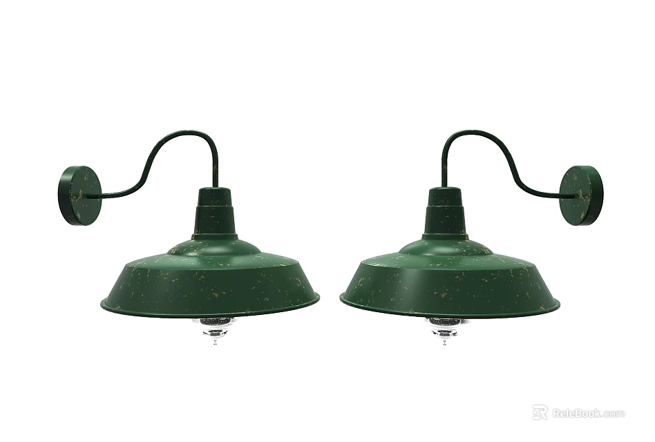 Vintage Green Wall Lamps With Curved Black Brackets And Metal Shades Set of Two 3d model 