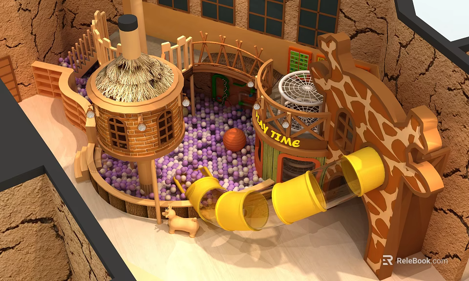 Indoor Kids Playground With Wooden Structure Purple Ball Pit Yellow Slides And Giraffe Design 3d model 