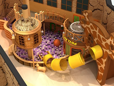 Indoor Kids Playground With Wooden Structure Purple Ball Pit Yellow Slides And Giraffe Design 3d model